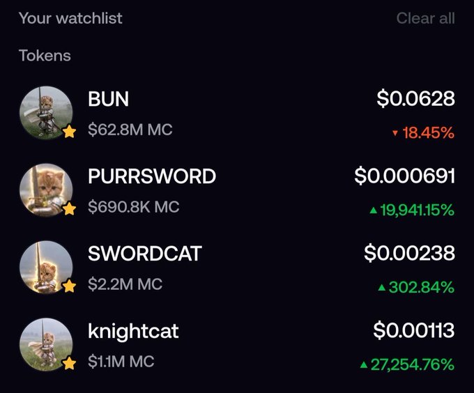A cryptocurrency watchlist displaying four tokens—$BUN at $0.0628 (down 18.45%), $PURRSWORD at $0.000691 (up 19,941.15%), $SWORDCAT at $0.00238 (up 302.84%), and $knightcat at $0.00113 (up 27,254.76%)—with the post emphasizing bullish conviction on $BUN despite its current dip, suggesting insider confidence in its future billion-dollar valuation.
