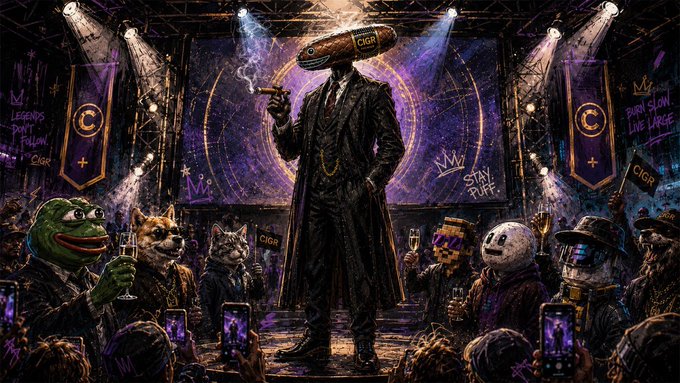 A surreal digital illustration shows a figure in a suit with a cigar for a head, holding a cigarette on a stage surrounded by various animal and character heads in a crowd, with banners reading 'CIGR' and graffiti such as 'STAY PUFF' and 'PIMP SLOW LIVE LARGE'.