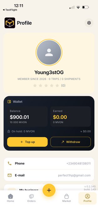 A mobile app profile screen for user 'Young3st0G' showing a wallet balance of $900.01 MVON, contact details, and navigation tabs.