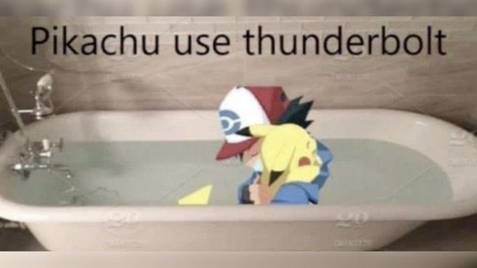 A meme image showing anime characters Ash Ketchum and Pikachu sitting in a bathtub of water with the caption 'Pikachu use thunderbolt' at the top.