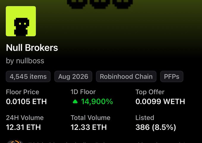 The image displays a NFT collection page for "Null Brokers" by nullboss on the Robinhood Chain, showing a floor price of 0.0105 ETH. This relates to the post's goal of hitting 0.01 ETH, as the collection is just slightly above that target floor price milestone.