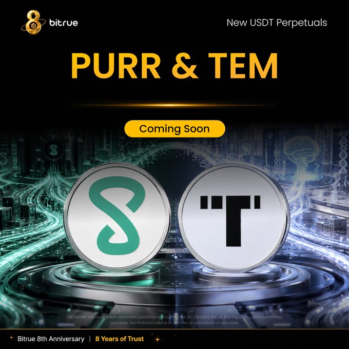 A Bitrue promotional graphic announces "New USDT Perpetuals" coming soon for $PURR and $TEM, featuring their respective coin logos (a green "P" symbol and a stylized "T") displayed on futuristic pedestals, tying into the platform's 8th anniversary campaign celebrating "8 Years of Trust."