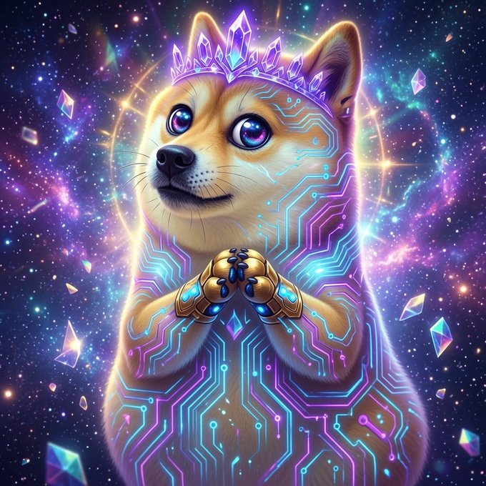 A regal Shiba Inu wearing a crystal crown and cybernetic armor holds clasped paws adorned with gold and gems, set against a vibrant cosmic backdrop of stars and floating diamonds. The mystical, gem-encrusted imagery evokes the playful, community-driven spirit of the $SHIBU token, reinforcing the post's friendly weekend message.