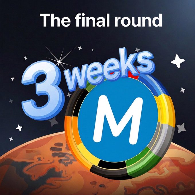 The image promotes the final round of MEMES token distribution with text reading "The final round" and "3 weeks" alongside the MEMES logo, set against a space-themed background featuring a planet and stars. This visually reinforces the post's announcement of a 3-week countdown until the full MEMES token supply is distributed, during which users will receive rewards equal to 2x their total withdrawals.