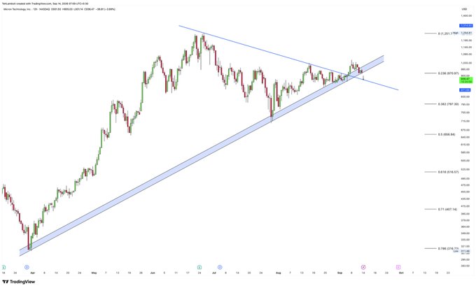 A TradingView financial chart displays a candlestick price graph with green and red candles, overlaid with blue trendlines and Fibonacci retracement levels, showing the text 'Tesla, Inc.' and various price values on the right axis.
