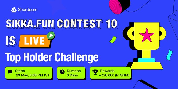 The image features a poster for a contest called "Sikka. Fun Contest 10" that is live and has a trophy at its center, which is yellow with a pink star. The poster also includes text about the contest's top holder challenge and rewards, as well as information on how to participate in the contest.