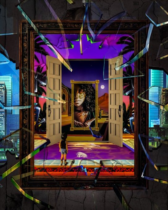 A vibrant surreal digital artwork featured in the NFT NYC 2025 Community Artist Showcase in Times Square depicts a child opening ornate doors to reveal a golden-masked figure within a nested frame, with shattered glass effects and a cityscape backdrop, now available as a Times Square collectible and as a 1/1 original on SuperRare.