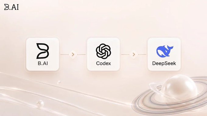 A promotional graphic for 'B.AI' showing three logos connected in sequence: B.AI, Codex, and DeepSeek, on a cream background with pearl decorations.