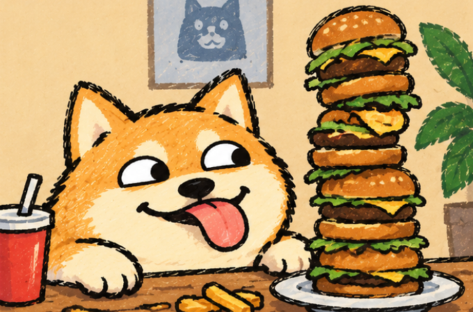 A cheerful cartoon Shiba Inu (Tak Tak) sticks out its tongue while gazing longingly at an absurdly tall stack of cheeseburgers beside it, with a framed portrait of the dog on the wall. The image humorously ties into the post's "lunch time" launch for the $SI token, playfully suggesting it's feeding time for hungry investors in the first 100 wallets.