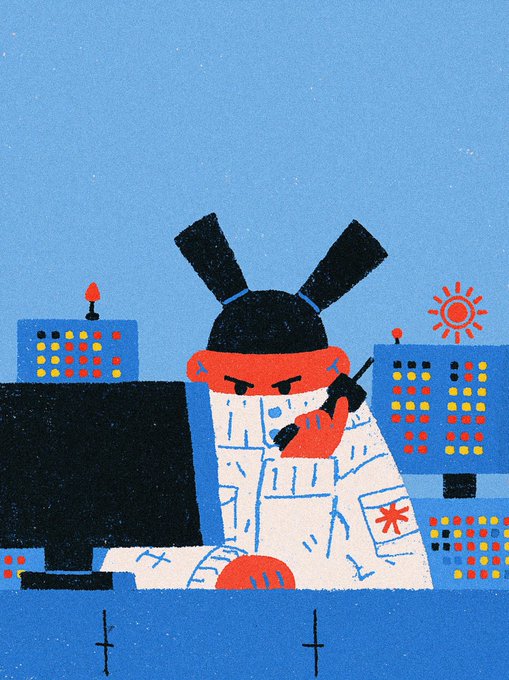 An illustration of a red-faced character wearing a white lab coat and black bunny ears, talking on a walkie-talkie in a control room filled with colorful dials and monitors.