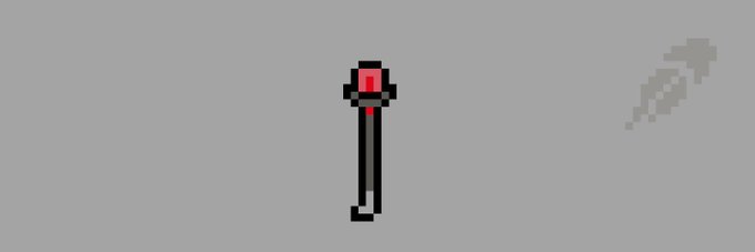 A simple pixel art figure with a red mask stands alone on a gray background, with a faint shadow visible to the right.