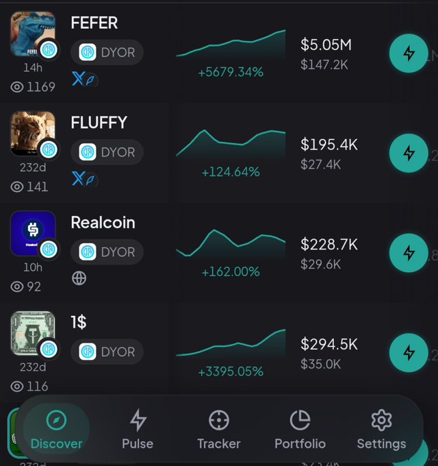 A crypto tracker app displays trending tokens including FEFER (+5679.34%, $5.05M), FLUFFY (+124.64%, $195.4K), Realcoin (+162.00%, $228.7K), and 1$ (+3395.05%, $294.5K), all marked as newly listed with "DYOR" tags. The image illustrates the "trenches" environment referenced in the post, where meme coins on the Stable network are surging with massive percentage gains and view counts (1169, 141, 92, 116), suggesting early-stage opportunities for users who bridge into the network as recommended.