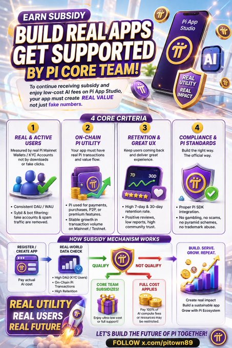 A promotional poster for "Pi App Studio" advertises a subsidy program titled "BUILD REAL APPS GET SUPPORTED BY PI CORE TEAM!" It outlines "4 CORE CRITERIA"—Real & Active Users, On-Chain Pi Utility, Retention & Great UX, and Compliance & Pi Standards—and illustrates a "SUBSIDY MECHANISM WORKS" flow showing that apps with strong DAU/KYC data and retention qualify for subsidies, while others pay full cost. The accompanying post highlights the focus on real utility and authentic user engagement rather than "fake numbers."