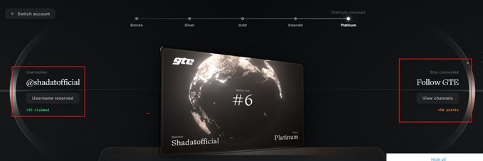 The image displays a GTE loyalty dashboard showing achievement #6, with the username "@shadatofficial" on the Bronze tier, a "Username reserved" badge (+25 claimed), and an unlocked Platinum tier offering "Follow GTE" for +18 points. This visualizes the user's post celebrating reaching the Platinum level on the GTE platform after completing tasks from the waitlist through the achievement tiers.