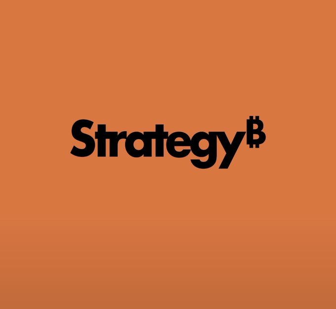 A minimalist orange logo design reading 'Strategy' followed by a Bitcoin '₿' symbol.