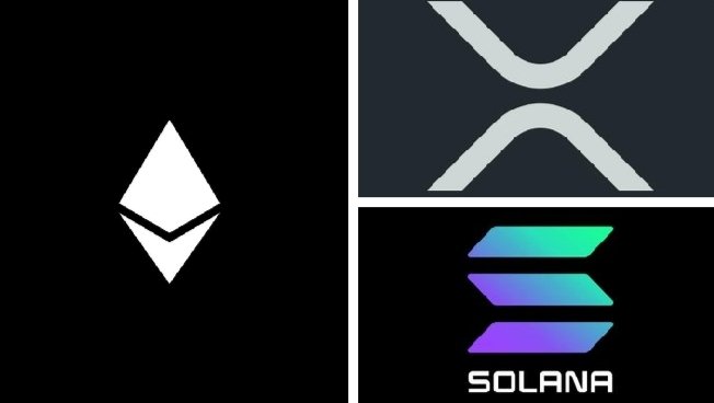 A composite image displays the logos of three major cryptocurrencies: Ethereum (the white diamond shape on the left), XRP (the stylized "X" at the top right), and Solana (the colorful stacked bars at the bottom right with the "SOLANA" text). The logos visually represent the three blockchain competitors mentioned in the post, illustrating the ongoing battle for dominance in smart contracts, speed, and cross-border payments.