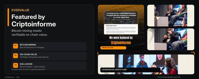 Promotional slides for EverValue / EVA highlighting 'Featured by Criptoinforme' with sections on Bitcoin mining, on-chain value, and Eva Locker, alongside press feature photos from panels and Latam Digital Assets Conference.