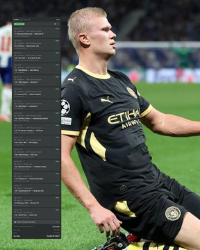 A photo of footballer Erling Haaland wearing the Manchester City Etihad Airways kit on the pitch, with a chat overlay visible on the left side of the image.