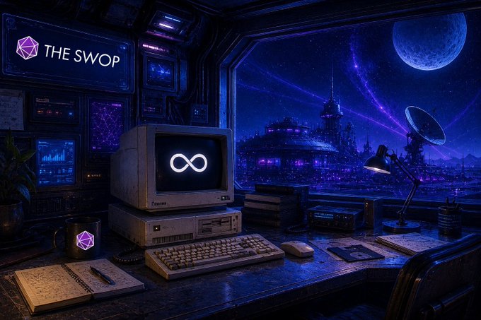 A retro-futuristic workspace featuring an old CRT monitor displaying an infinity symbol, alongside "THE SWOP" branding on the wall and a coffee mug. Through the window, a sci-fi space colony is visible under a large moon, visually reflecting the post's reflection on a transformative 5-year journey culminating in launching "The SWOP" as the first social coordination protocol on the Internet Computer.