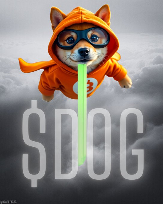 A digital artwork of a small dog wearing an orange hoodie and mask flying through clouds above a large "$DOG" sign with a green line extending upward.