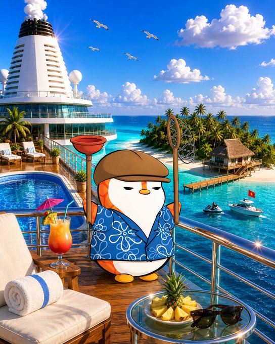 A cartoon penguin wearing a Hawaiian shirt and a fishing net stands on a cruise ship deck overlooking a tropical island, with a tropical drink, pineapple, and sunglasses in the foreground.