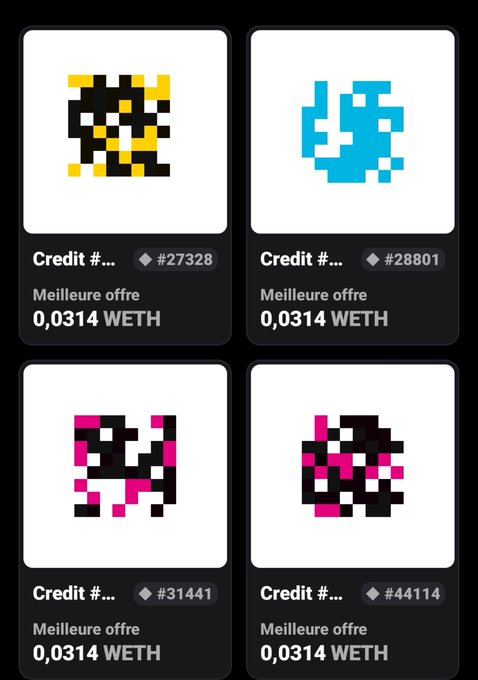 A dark-themed interface displaying four pixel art character portraits arranged in a 2x2 grid, each with 'Credit #...' labels (#27328, #28801, #31441, #44114) and 'Meilleure offre 0,0314 WETH' pricing in French.