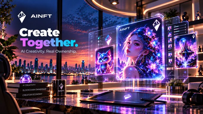 An AINFT promotional graphic reading 'Create Together. AI Creativity. Real Ownership.' featuring holographic displays of AI-generated artwork over a city skyline.