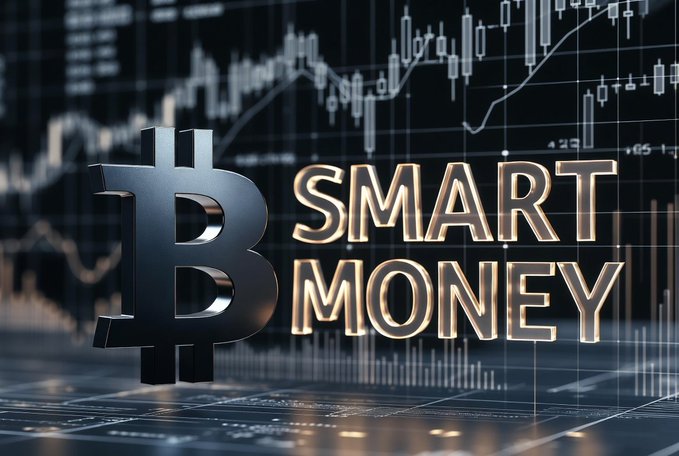 A digital graphic featuring a 3D Bitcoin logo next to the text "SMART MONEY" against a background of candlestick charts.