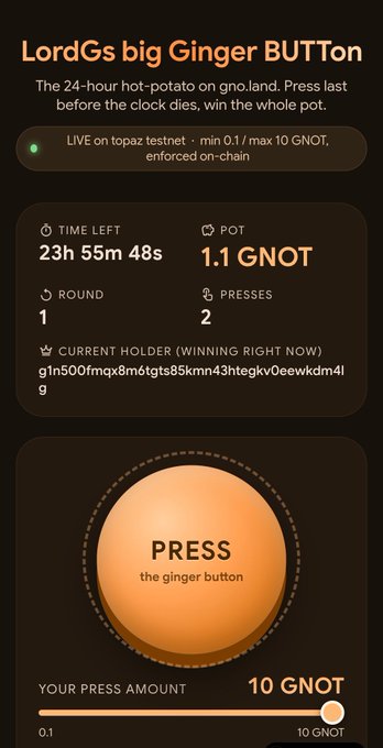 A screenshot of a crypto game interface titled 'LordGs big Ginger BUTTon', showing a 24-hour hot-potato game on gno.land with a 1.1 GNOT pot, 23h 55m 48s remaining, and a large orange 'PRESS' button.
