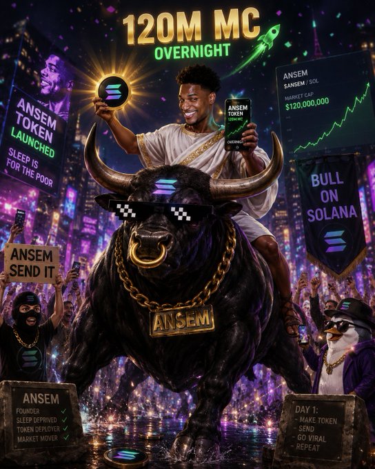This Solana-themed image celebrates the "ANSEM TOKEN" with "120M MC OVERNIGHT" as a bull rider rides a bull adorned with the ANSEM ticker and surrounded by enthusiastic supporters. The imagery reflects the post's sentiment of Solana being a platform where internet culture rapidly translates into market cap.