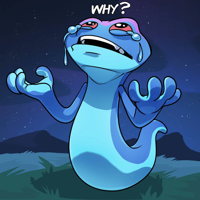 A digital illustration of a crying blue cartoon lizard-like creature with its hands raised in confusion against a starry night background, with the word 'WHY?' at the top.