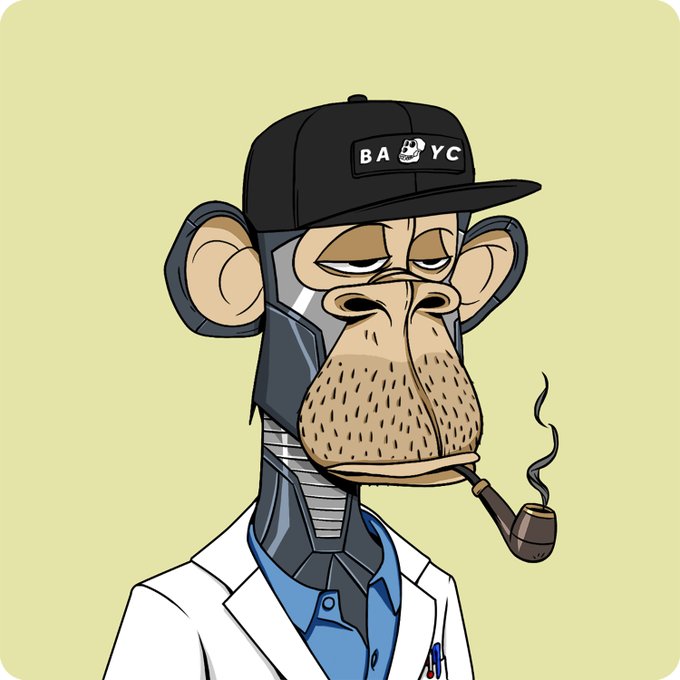 A cartoon Bored Ape-style NFT character wearing a black cap with a "BAYC" patch, a white lab coat over a blue shirt, and smoking a brown pipe.