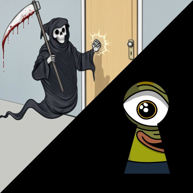 A split-panel illustration showing the Grim Reaper holding a bloody scythe and knocking on a door on the left, while a cartoon character with one large eye peeks out from a black void on the right.
