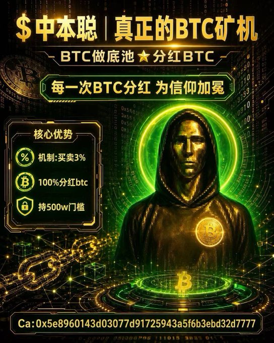 A promotional image for "$中本聪 真正的BTC矿机" (the "real BTC mining machine") featuring a hooded golden figure with a Bitcoin medallion, advertising 100% BTC dividends, a 3% buy/sell mechanism, and a 500W entry threshold, with the contract address displayed at the bottom (0x5e8960143d03077d91725943a5f6b3ebd32d7777)—marketing the newly launched Satoshi token as a Bitcoin-themed mining platform where every dividend strengthens holders' "faith" in BTC.