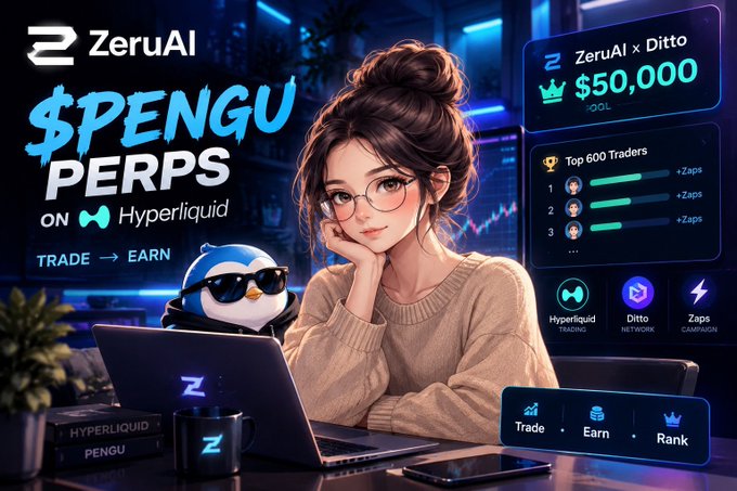 A promotional graphic for 'ZeruAI' advertising '$PENGU PERPS on Hyperliquid' featuring an anime-style woman with glasses working on a laptop alongside a penguin mascot wearing sunglasses.