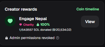 A "Creator rewards" panel shows "Engage Nepal" with a 100% Charity rating, noting 1,154.9557 SOL donated (~$120,534.02), with admin permissions revoked. The "Coin timeline" link and "View" button appear on the right, reinforcing the ongoing charitable effort reflected in the post's message.