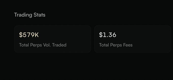 A dark-themed dashboard showing 'Trading Stats' with $579K Total Perps Vol. Traded and $1.36 Total Perps Fees.
