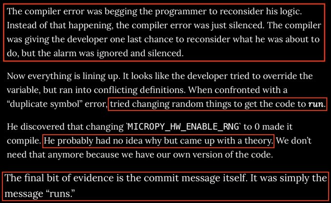 Text passage with highlighted sections describing a developer's questionable code fixes, including silencing compiler errors, disabling 'MICROPY_HW_ENABLE_RNG', and a commit message of simply 'runs.'