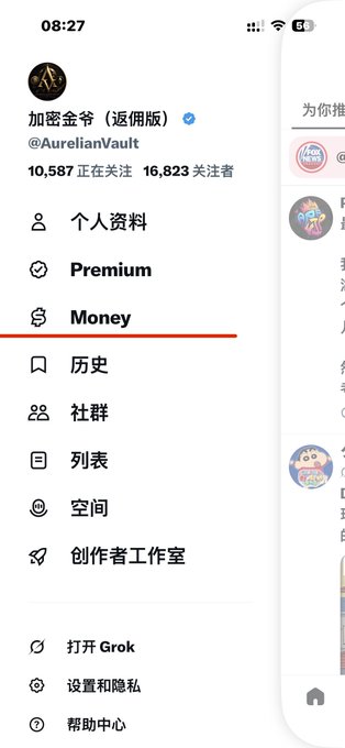 A mobile app screenshot in Chinese showing the profile menu of @AurelianVault with options including Premium, Money (highlighted in red), and various other navigation items.