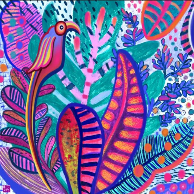 A vibrant, colorful painting features a stylized bird with an orange beak surrounded by intricately patterned leaves and abstract foliage in shades of pink, blue, green, and yellow.