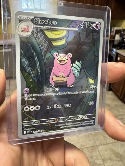 A hand proudly displays a holographic Slowbro Pokémon trading card (#090/094) in a protective sleeve, showing its "All Out" and "Zen Headbutt" attacks with 130 HP. The "Flex" caption matches the boastful pose of showcasing a prized collectible card.