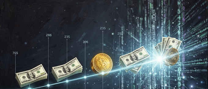 A digital artwork showing US dollar bills and a Bitcoin coin flying through space along a glowing trajectory line with data streams, set against a starry background.