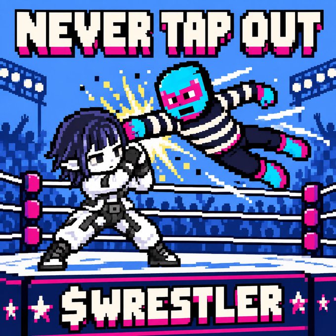 Pixel art style image depicting a wrestling match in a ring with the text "NEVER TAP OUT" at the top and "$WRESTLER" at the bottom.