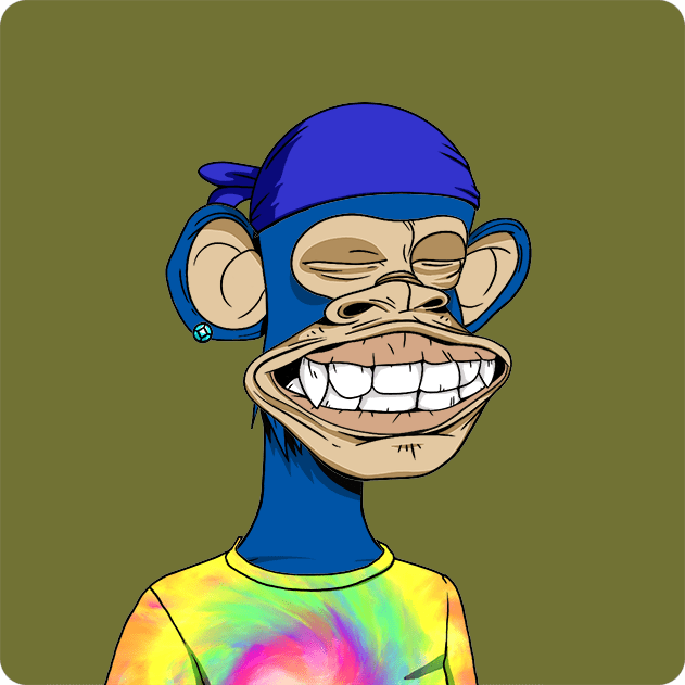 A cartoon blue monkey with a purple bandana, diamond earring, and tie-dye shirt grinning widely against an olive background.