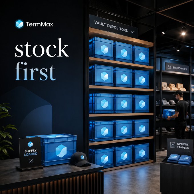 A promotional graphic for 'TermMax' featuring the text 'stock first' alongside an illustration of glowing blue boxes labeled 'VAULT DEPOSITORS' and 'SUPPLY LOADED' on shelves in a modern setting.
