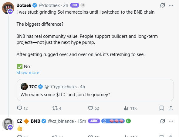 A screenshot of a X (Twitter) thread where @ddotaek discusses switching from Sol memecoins to the BNB chain, highlighting BNB's community value, followed by a post from CZ (@cz_binance) about $TCC.