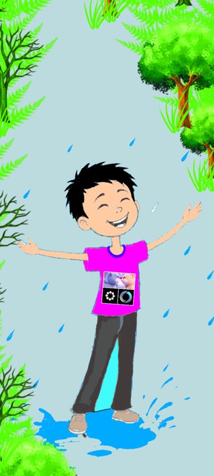 An illustrated cartoon of a smiling boy in a pink shirt standing in the rain with his arms outstretched.