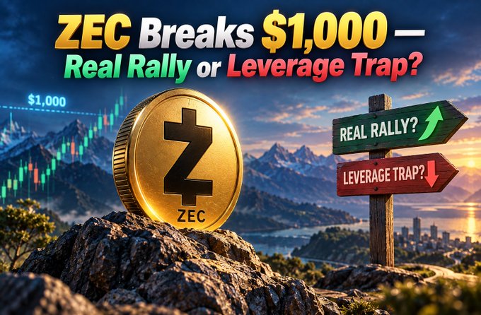 A cryptocurrency thumbnail reading 'ZEC Breaks $1,000 — Real Rally or Leverage Trap?' featuring a golden ZEC coin, price chart, and a signpost pointing toward 'REAL RALLY?' and 'LEVERAGE TRAP?'.