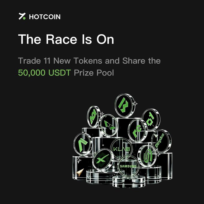 Hotcoin's "The Race Is On" promo graphic advertises their New Token Futures Competition #19, inviting traders to buy and sell 11 new token futures—such as KLAB, SAMSUNG, and Dogelon—to compete for a share of the 50,000 USDT prize pool through volume-based rankings.