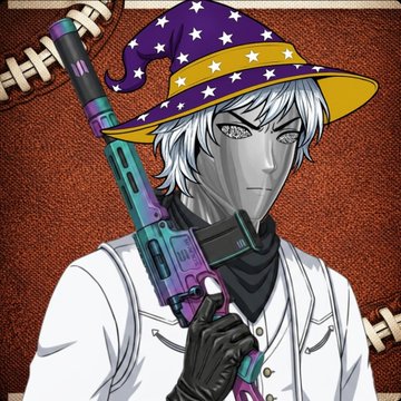 A stylized anime-style character with white hair and a purple star-patterned wizard hat holds a colorful rainbow-tinted pistol, wearing a white outfit with black gloves against a brown background with football stitching. The image appears to be an NFT gifted to the user, fitting the post's theme of receiving digital collectibles from fellow crypto community members.